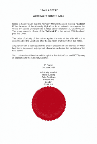 Sale of “Sallabet II” via Admiralty Court Sale
